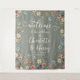 Moderne Wildflowers Sage Wedding Welkom achtergron Wandkleed