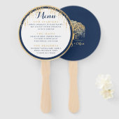 Moderne Wilgenboom Marine Blauw Goud Bruiloft Menu Handwaaier (Voorkant en achterkant)