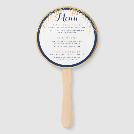 Moderne Wilgenboom Marine Blauw Goud Bruiloft Menu Handwaaier (Voorkant)