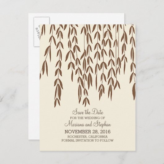 Moderne wilgenboom takken elegant save the date aankondigingskaart (Voorkant / Achterkant)