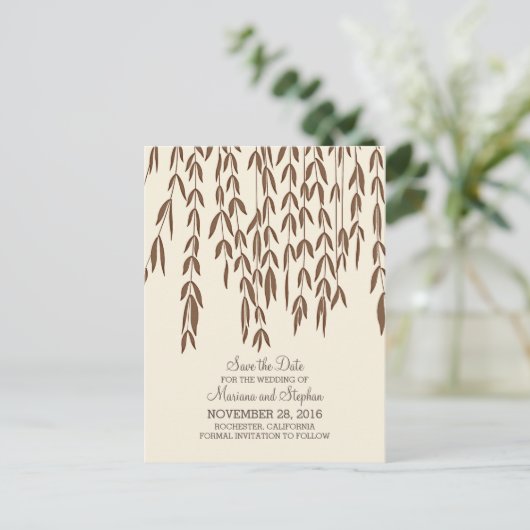 Moderne wilgenboom takken elegant save the date aankondigingskaart (Staand voorkant)