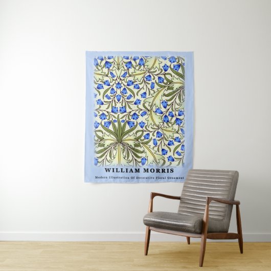 Moderne William Morris Blauwe Bloem Bladeren Wandkleed (In situ)