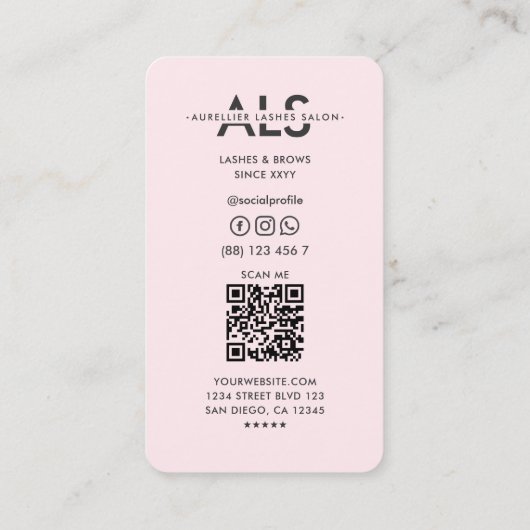 Moderne wimpers make-up artiest monogram roze visitekaartje (Achterkant)