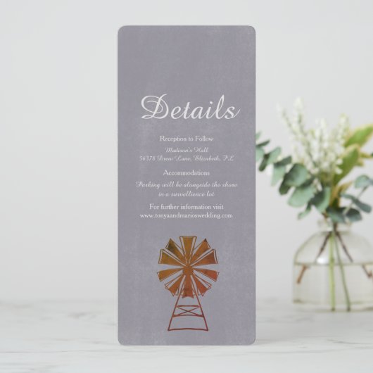 Moderne windmolen Rustic Wedding Details Kaart (Staand voorkant)
