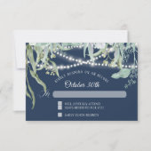 Moderne Winery Eucalyptus Twinkle Lights Navy RSVP Kaart (Voorkant)