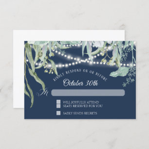 Moderne Winery Eucalyptus Twinkle Lights Navy RSVP Kaart