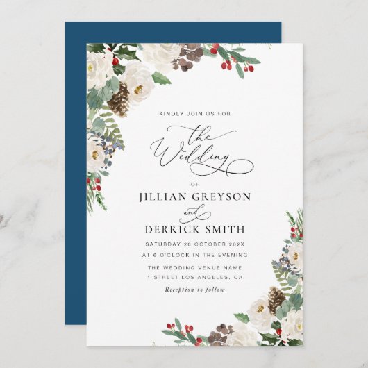 moderne winter bloem bruiloft kaart (Voorkant / Achterkant)