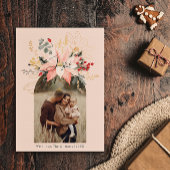 Moderne Winter Bloemboog Vrolijke Roze Twee Foto Feestdagenkaart