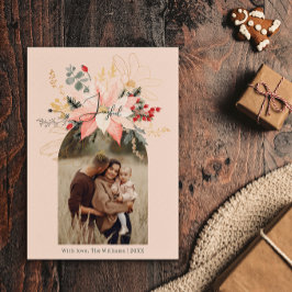 Moderne Winter Bloemboog Vrolijke Roze Twee Foto Feestdagenkaart