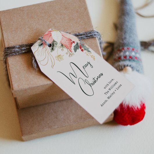 Moderne Winter Bloemen Kerstfamilie Cadeaulabel