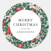 Moderne winter bloemengroen Vrolijk kerstfeest Ronde Sticker (Voorkant)
