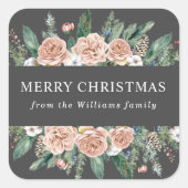 Moderne winter bloemenrijke vrolijke kerst vierkante sticker (Voorkant)