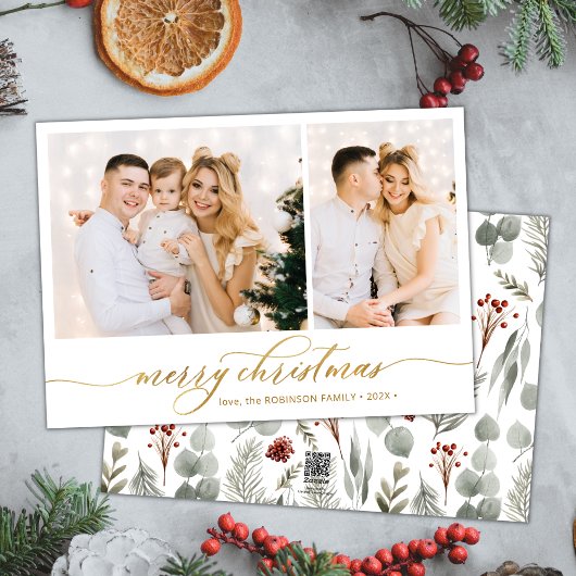 Moderne Winter Botanische 2 Fotocollage Kerstmis Feestdagenkaart