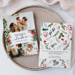 Moderne Winter Botanische 3 foto Vrolijk Kerstfees Feestdagenkaart<br><div class="desc">Dit collectie is voorzien van waterverf rode bloemen,  bessen & wintergroen met een moderne en elegante typografie,  met een winterbotanische patroonrug.</div>