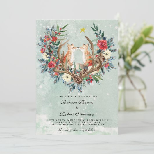 Moderne winter bruiloft rode bessen bloemen vossen kaart (Staand voorkant)