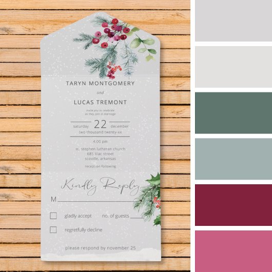 Moderne winter dennenbessen & sneeuwgrijs geen din all in one uitnodiging