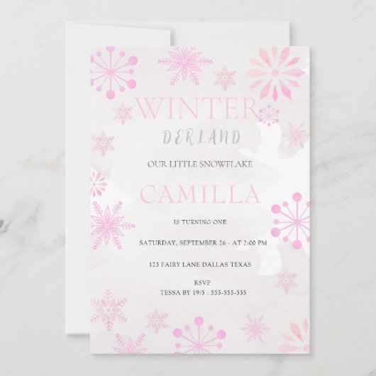 Moderne Winter Derland Roze Meisje 1e Verjaardag Kaart (Voorkant)