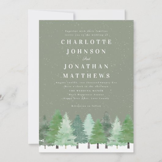 Moderne Winter Forest QR Code Sage Green Wedding Kaart (Voorkant)