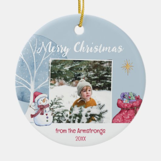 Moderne Winter Foto Familie Illustratie Kerstmis Keramisch Ornament (Voorkant)