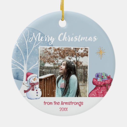 Moderne Winter Foto Familie Illustratie Kerstmis Keramisch Ornament (Achterkant)