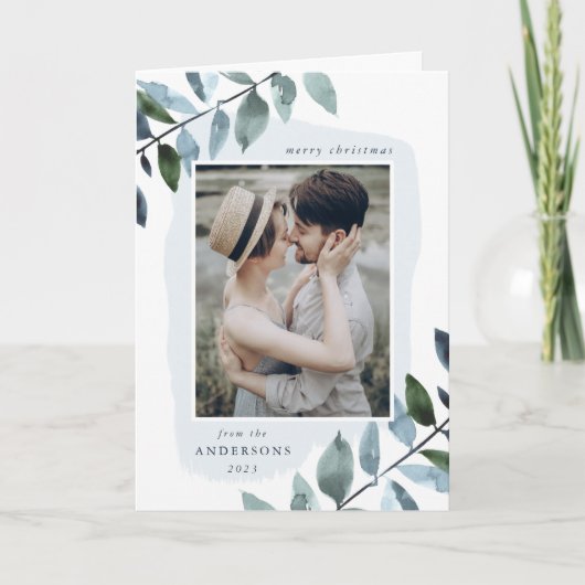 Moderne winter gebladerte foto feestdagen kaart (Voorkant)