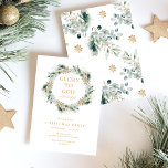 Moderne Winter Groen Religieus Kerstfeest Kaart<br><div class="desc">Voeg een moderne en spirituele touch toe aan uw kerstseizoen met deze kerst feestuitnodiging met het bijbelvers "Glory to God in the Highest" (Lucas 2:14) omlijst met een krans van delicaat gekleurd wintergroen, dennentakken, bessen en gouden sneeuwvlokken. Uw feestinformatie is in goud afgedrukt in een klassiek serif lettertype om een...</div>