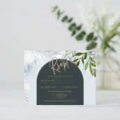 Moderne winter groene bloemen bruiloft gouden teks briefkaart (Staand voorkant)