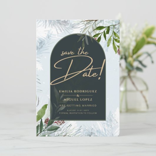 Moderne winter groene bloemen trouw gouden bewaar  kaart (Staand voorkant)