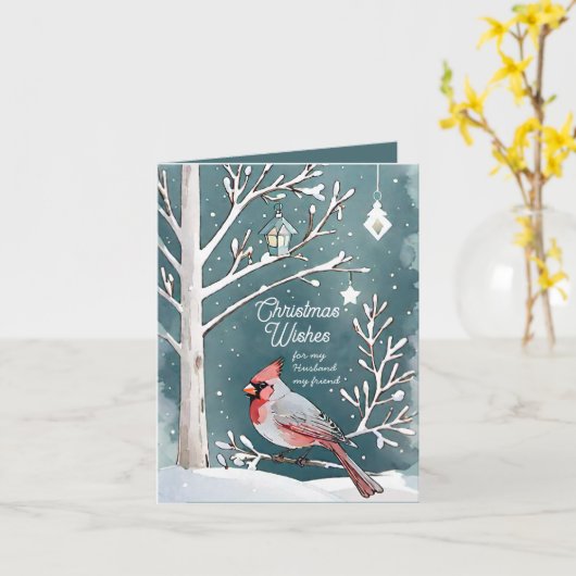 Moderne Winter Kardinaal Echtgenoot & Vriend Kerst Kaart (Gele Bloem)