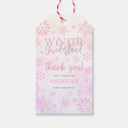Moderne Winter ONEderland Roze Meisje 1e Verjaarda Cadeaulabel (Voorkant)