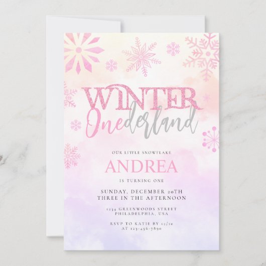 Moderne Winter ONEderland Roze Meisje 1e Verjaarda Kaart (Voorkant)