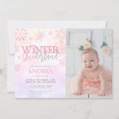 Moderne Winter ONEderland Roze Meisje 1e Verjaarda Kaart (Voorkant)