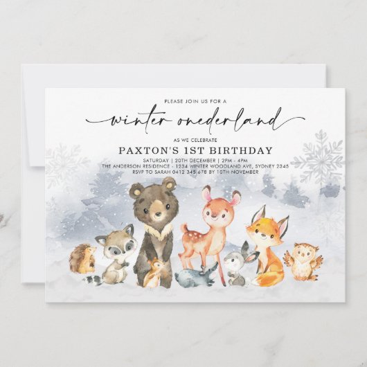 Moderne Winter Onederland Woodland Forest Verjaard Kaart (Voorkant)