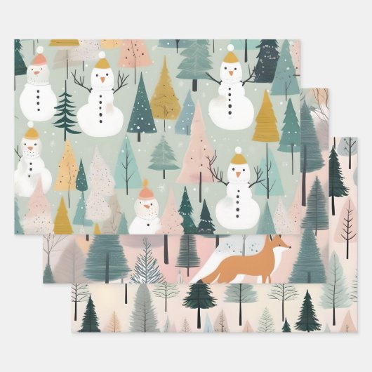 Moderne Winter Pastel Sneeuwman Vossen & Bomen Gro Inpakpapier Vel (Set)