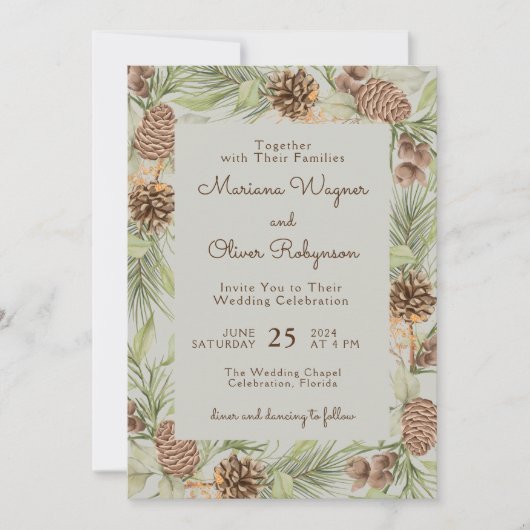 Moderne Winter Pine Beige Elegante bruiloft Kaart (Voorkant)