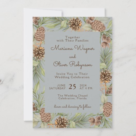 Moderne Winter Pine Grijs Elegante bruiloft Kaart (Voorkant)