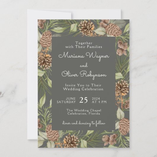 Moderne Winter Pine Stone Grey Elegant Huwelijk Kaart (Voorkant)
