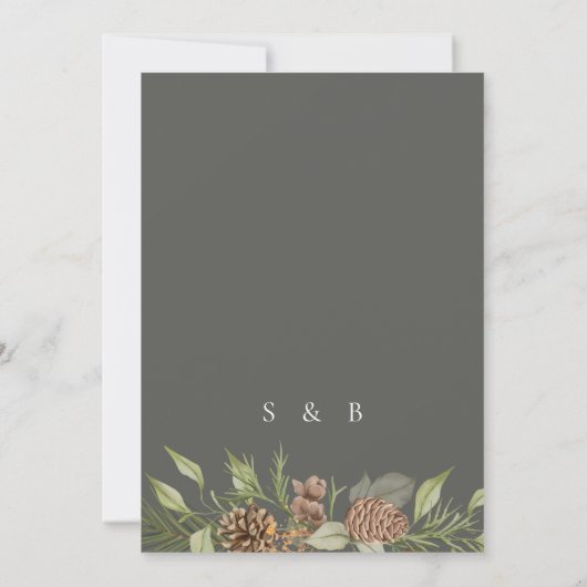 Moderne Winter Pine Stone Grey Elegant Huwelijk Kaart (Achterkant)