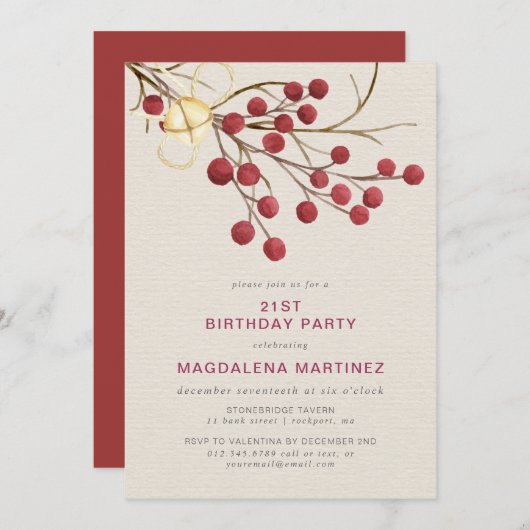 Moderne Winter Red Berry 21ste Verjaardagsfeest Kaart (Voorkant / Achterkant)