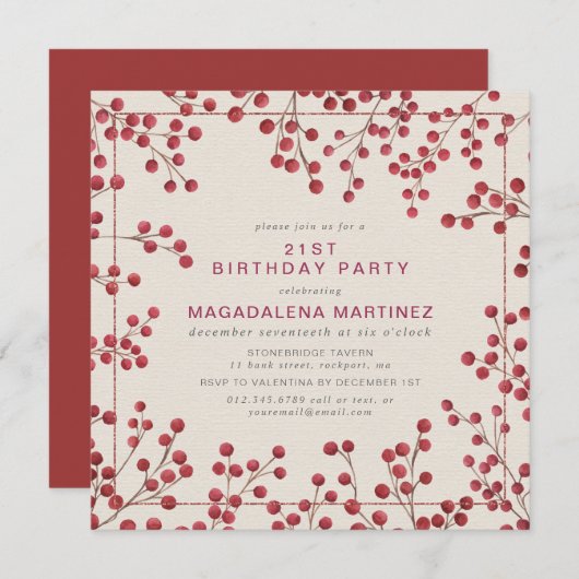 Moderne Winter Red Berry 21ste Verjaardagsfeest Kaart (Voorkant / Achterkant)