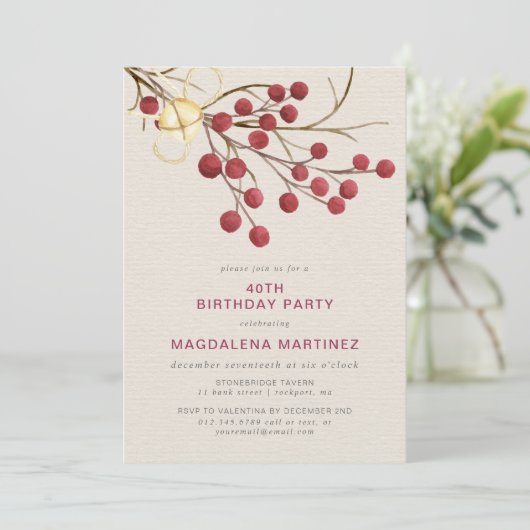 Moderne Winter Red Berry 40e Verjaardagsfeest Kaart (Staand voorkant)