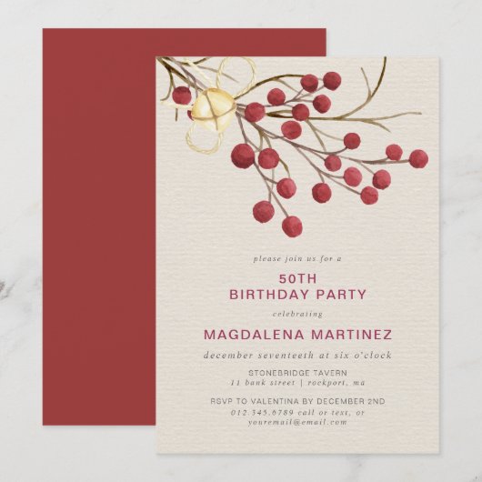 Moderne Winter Red Berry 50ste Verjaardagsfeest Kaart (Voorkant / Achterkant)