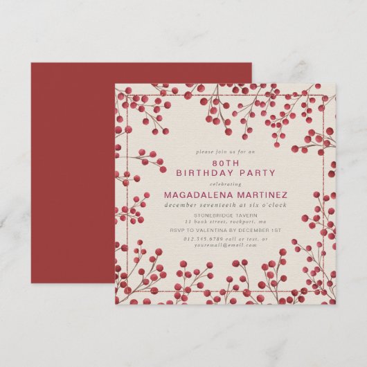 Moderne Winter Red Berry 80ste Verjaardagsfeest Kaart (Voorkant / Achterkant)