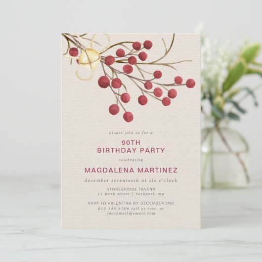 Moderne Winter Red Berry 90ste Verjaardagsfeest Kaart (Staand voorkant)