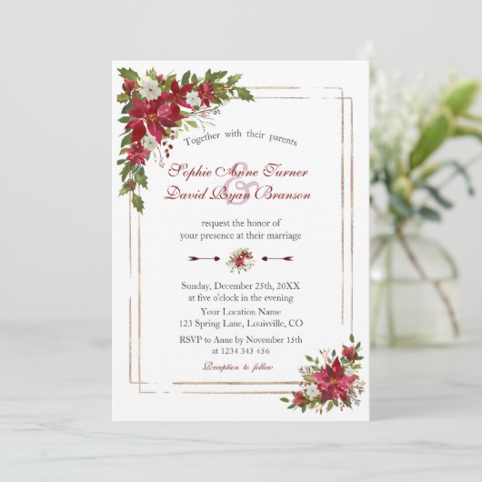 Moderne Winter Rood Witte Poinsettia Gouden Bruilo Kaart (Staand voorkant)