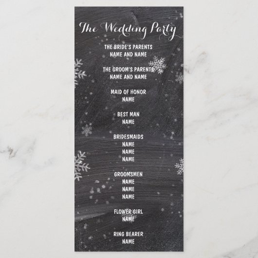 Moderne winter sneeuwvlok krijtbord bruiloft progr programmakaart (Achterkant)