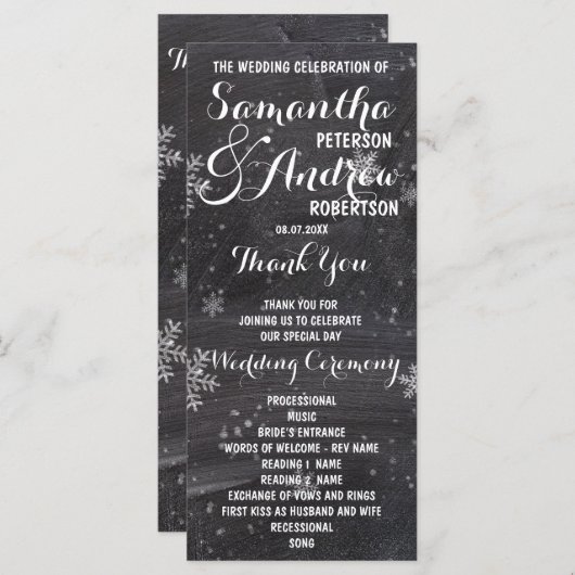 Moderne winter sneeuwvlok krijtbord bruiloft progr programmakaart (Voorkant / Achterkant)