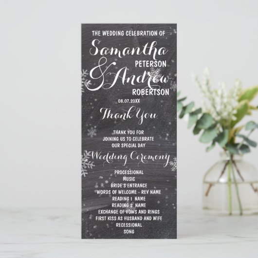 Moderne winter sneeuwvlok krijtbord bruiloft progr programmakaart (Staand voorkant)