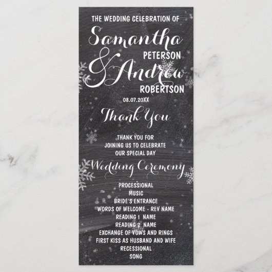 Moderne winter sneeuwvlok krijtbord bruiloft progr programmakaart (Voorkant)