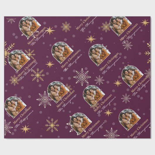 Moderne Winter Sneeuwvlokken Foto Bourgogne Kerstm Cadeaupapier (Vlak)